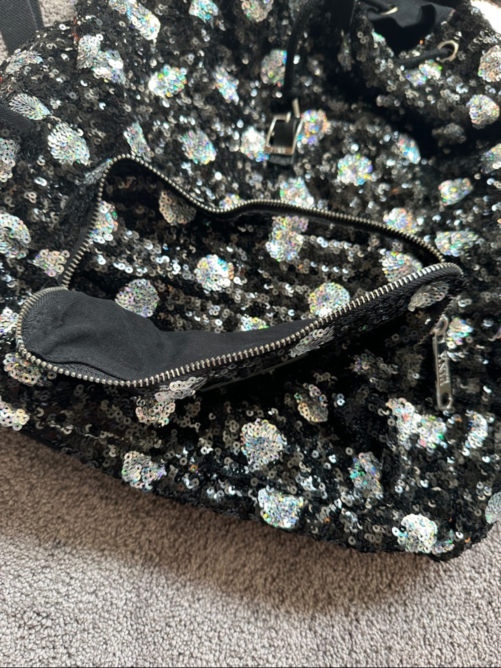 PINK Victoria's Secret Black Sequin Floral Drawstring Backpack - Picture 6 of 9